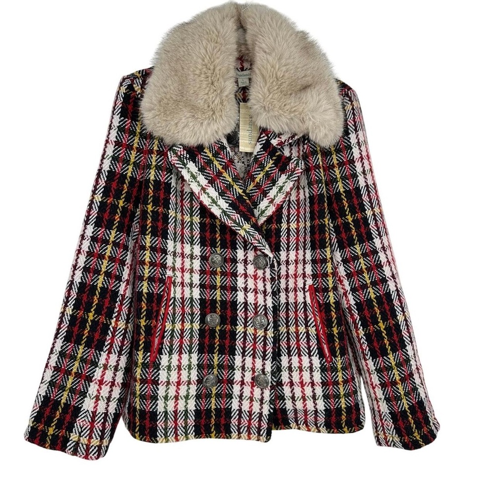 Red, green, yellow, cream, black pea coat with removable faux fur collar